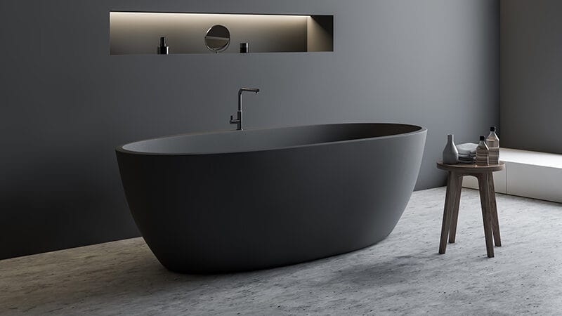 Gray bathroom corner with tub and shelf