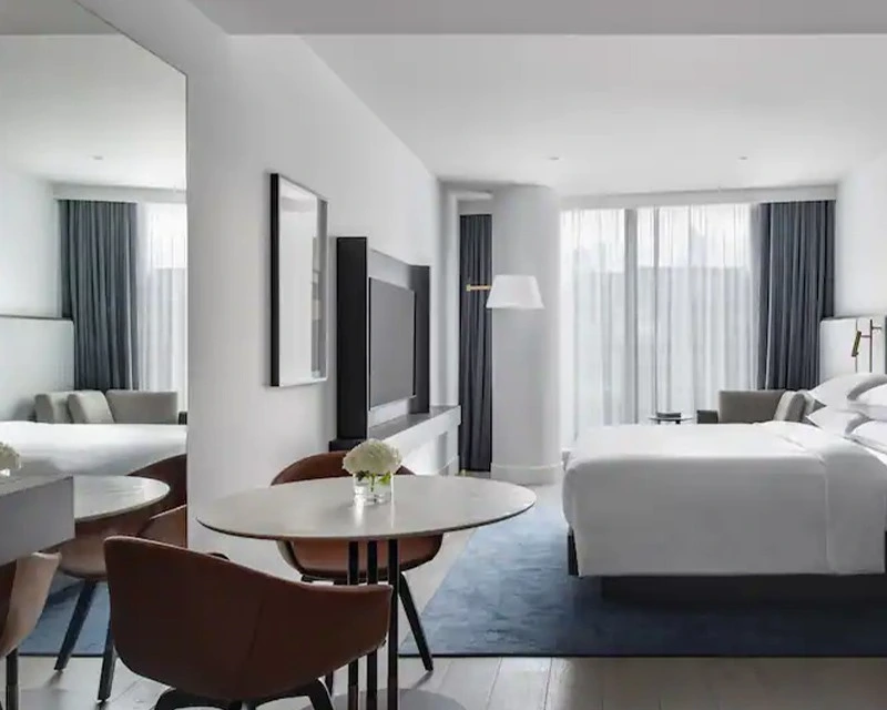 Decorative panel in luxury room of restaurant with table, chair, bed